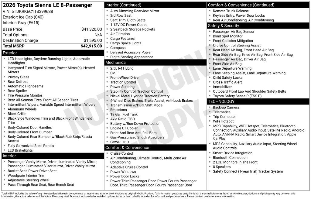 2026 Toyota Sienna LE 8 Passenger